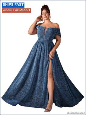Plus Size Off The Shoulder Deep V High Slit Glitter Formal Maxi Dress